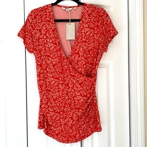 Beautiful! Botanical Print Wrap Top, Short Sleeve, New